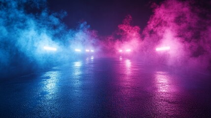 Poster - Colorful Lights Illuminate a Foggy Street at Night Creating a Mysterious and Vibrant Atmosphere With Reflections on the Wet Pavement