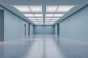 Poster - Modern Minimalist Interior of an Empty Gallery With Soft Blue Walls and Bright Lighting Showcasing Ample Open Space