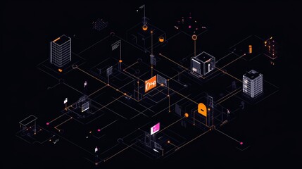 Poster - Digital Cityscape Showing Interconnected Buildings With Vibrant Lines and Glowing Icons Representing Technology and Innovation at Night