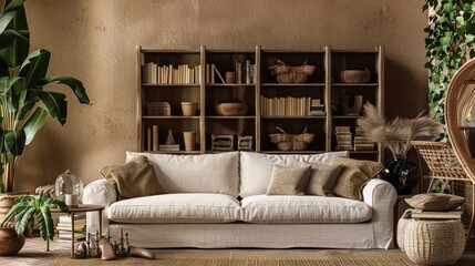 Wall Mural - Living room interior with a sofa in Scandinavian style.