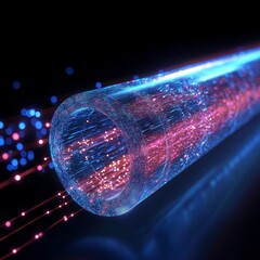 Aufkleber - Digital Representation of a Fiber Optic Cable Transmitting Data With Vibrant Light Trails in a Dark Background During Night Time