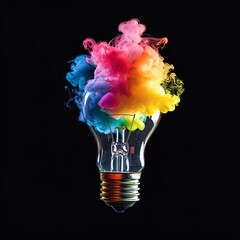 Poster - Colorful Smoke Emerging From Light Bulb Creates a Stunning Visual Display of Creativity and Inspiration in a Dark Background