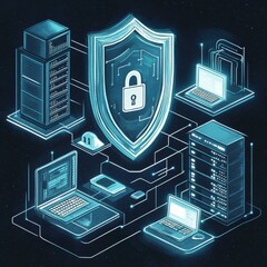 Aufkleber - Digital Security Illustration Showcasing Interconnected Devices and a Central Shield Symbolizing Protection of Data and Information in a Tech Environment