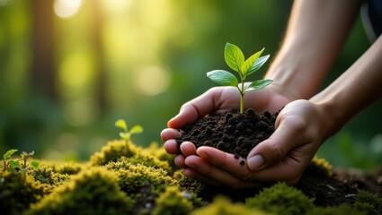 Two hands hold dark soil supporting a newly sprouted green plant. The backdrop features vibrant green moss, illustrating a connection to nature in bright daylight.