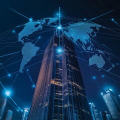 Aufkleber - Modern Skyscraper Illuminated at Night With a Digital World Map Overlay Showcasing Global Connectivity and Technology