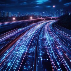 Poster - Light Trails Illuminate a Busy Highway Under a Luminous Night Sky With City Skyline in the Background Showcasing Vibrant Urban Energy