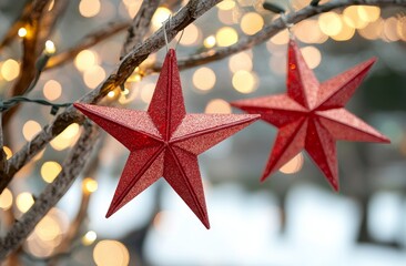 Poster - Bright red star ornament hangs on winter tree with lights and soft background