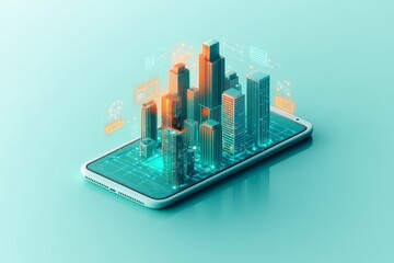 Aufkleber - Digital Cityscape Displayed on a Smartphone With High-Tech Visual Effects Representing Urban Development and Smart Technology Integration