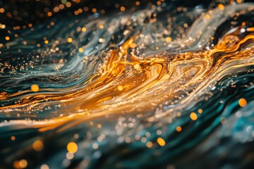 Poster - Beautiful Swirling Patterns of Golden Liquid Shimmering in a Dark Background Create an Abstract Art Piece at Night