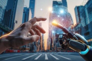 Poster - Human hand and robotic hand reaching towards each other, symbolizing human-AI collaboration in a futuristic cityscape.