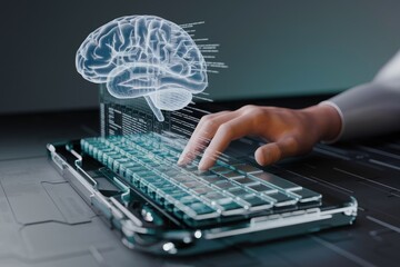 Poster - Human hand interacts with a futuristic transparent keyboard displaying a digital brain, representing AI and technology.
