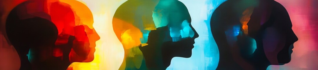 Poster - Colorful Silhouettes of Human Heads Against a Vibrant Background Showcasing Depth and Emotion in Abstract Art Form