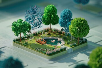 Aufkleber - Miniature park scene with pond, bridge, colorful trees, and flowers, idyllic and peaceful.