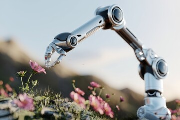 Aufkleber - A robotic arm delicately interacts with a pink flower in a serene natural setting.