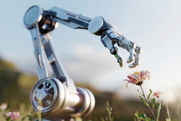 Poster - A robotic arm delicately reaches for a flower, symbolizing the intersection of technology and nature.