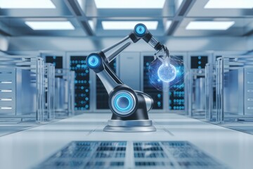 Poster - Robotic arm in a server room manipulates a glowing digital globe, symbolizing technological advancement and global connectivity.
