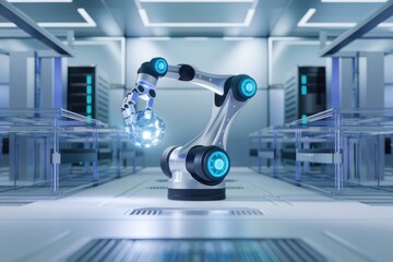 Poster - A robotic arm in a futuristic data center delicately handles a glowing network sphere, symbolizing technological advancement and automation.