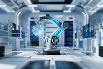 Aufkleber - A robotic arm in a futuristic lab manipulates a glowing digital sphere, representing advanced automation and technological innovation.