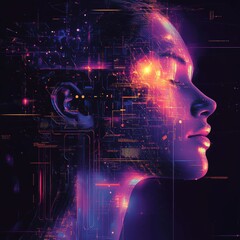 Poster - Woman's Profile Illuminated by Vibrant Digital Elements Representing Technology and Innovation in an Abstract Art Piece
