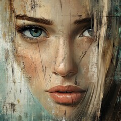 Poster - Close-up of a Female Face With Striking Blue Eyes and Soft Lips, Blending Realism and Abstract Textures in a Unique Artistic Style