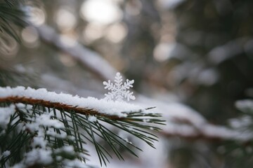 Poster - A delicate snowflake rests on a snow-covered pine branch in a winter wonderland.