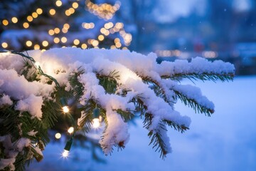 Poster - Snow-covered pine branch adorned with warm Christmas lights, creating a magical winter scene.