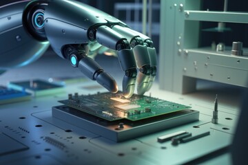 Aufkleber - A robotic arm precisely places a microprocessor onto a circuit board, showcasing advanced automation in technology manufacturing.