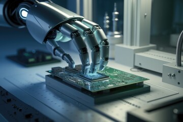 Aufkleber - A robotic hand precisely places a microchip onto a circuit board in a high-tech manufacturing facility.