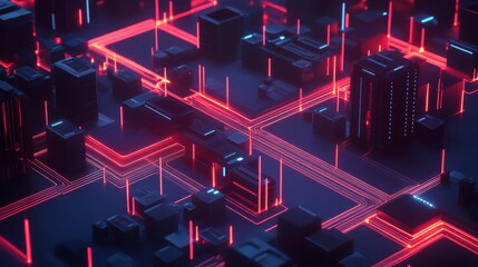 Aufkleber - Illuminated Urban Landscape With Glowing Red Lines Connecting Modern Buildings in a Digital City at Night