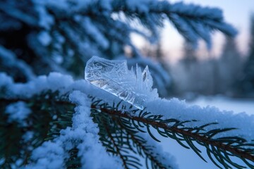 Poster - A delicate ice crystal, intricately formed, rests on a snow-covered pine branch in winter.