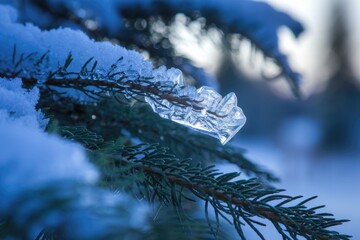 Poster - A delicate ice formation adorns a snow-covered evergreen branch in the winter landscape.