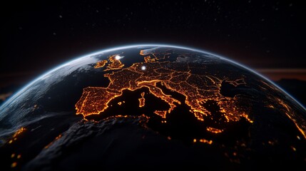 Poster - European Landscape Illuminated at Night With Vibrant City Lights Visible From Space