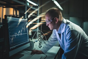 Poster - A scientist in a lab analyzes a stock market graph on a computer screen, meticulously studying the data.