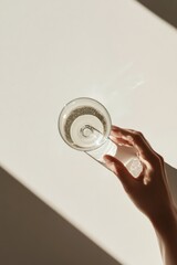 Sticker - Hand holding a clear glass with sparkling water catching sunlight in a serene indoor setting