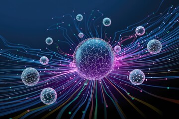 Poster - Abstract 3D rendering of interconnected glowing spheres representing global network and data flow.