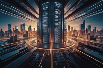 Poster - Futuristic cityscape with a massive data center at its heart, showcasing advanced technology and urban integration.
