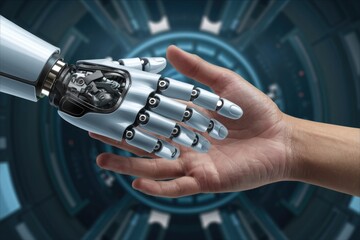 Aufkleber - A robotic hand and a human hand shake, symbolizing collaboration between humans and AI in a futuristic technological setting.