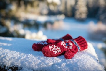 Poster - Red knitted mittens with snowflake patterns rest on a snowy surface, winter wonderland.