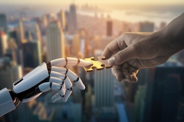 Aufkleber - Human and robotic hands connect a gold puzzle piece, symbolizing collaboration and technological advancement in a cityscape.