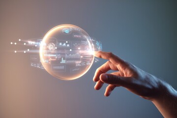 Aufkleber - A hand interacts with a holographic sphere displaying data visualizations and charts, representing futuristic technology.