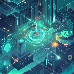 Aufkleber - Futuristic Cityscape With Glowing Technology Elements and Interconnected Pathways Showcasing Digital Connectivity