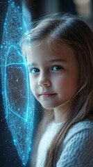 Poster - Young Girl With a Digital Shield Overlay Representing Innovation and Technology Concepts in a Creative Environment