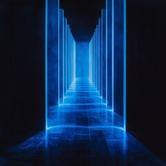 Poster - Pathway Illuminated by Neon Blue Lights Creates a Futuristic Atmosphere in a Dark Corridor