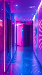 Poster - Vibrant Hallway Illuminated by Colorful Neon Lights in a Modern Venue During Evening Hours
