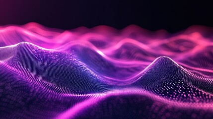 Poster - Vibrant Digital Landscape With Flowing Waves in Rich Purple and Pink Colors, Illuminated in a Dark Setting, Evoking a Sense of Movement and Depth