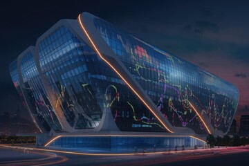 Poster - Modern, curvaceous glass building at night, illuminated with vibrant abstract artwork.