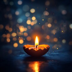 Poster - Bright candle illuminates dark space with shimmering light and glowing bokeh in the background