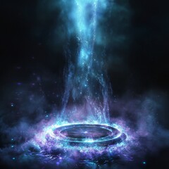 Poster - Mysterious Cosmic Portal Emitting Vibrant Blue Light With Swirling Mist in a Dark Environment Showcases a Fantastical Visual Spectacle