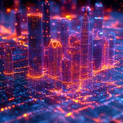 Aufkleber - Futuristic City Skyline Illuminated With Neon Lights During Nighttime Showcasing Advanced Architecture and Bustling Urban Atmosphere