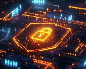 Aufkleber - Visual Representation of Digital Security Technology With Glowing Padlock Symbol on Circuit Board in a Futuristic Setting